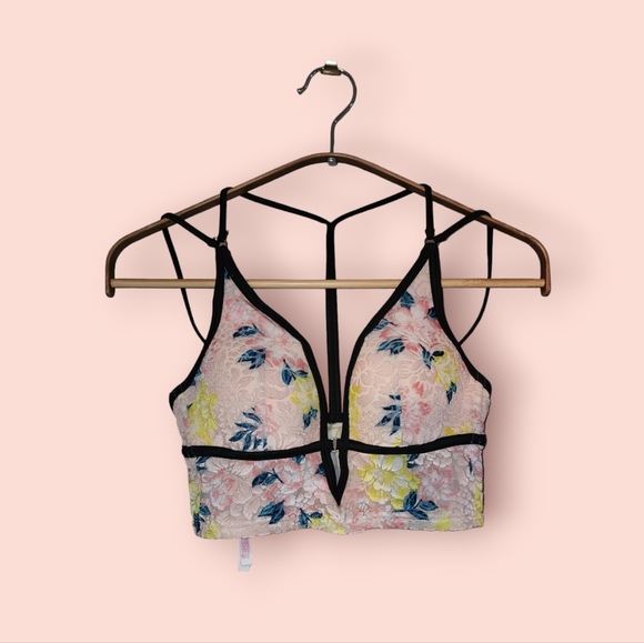 Victoria Secret Pink Lightly Lined Velvet Bralette XS Floral Strappy Padded - Picture 1 of 3